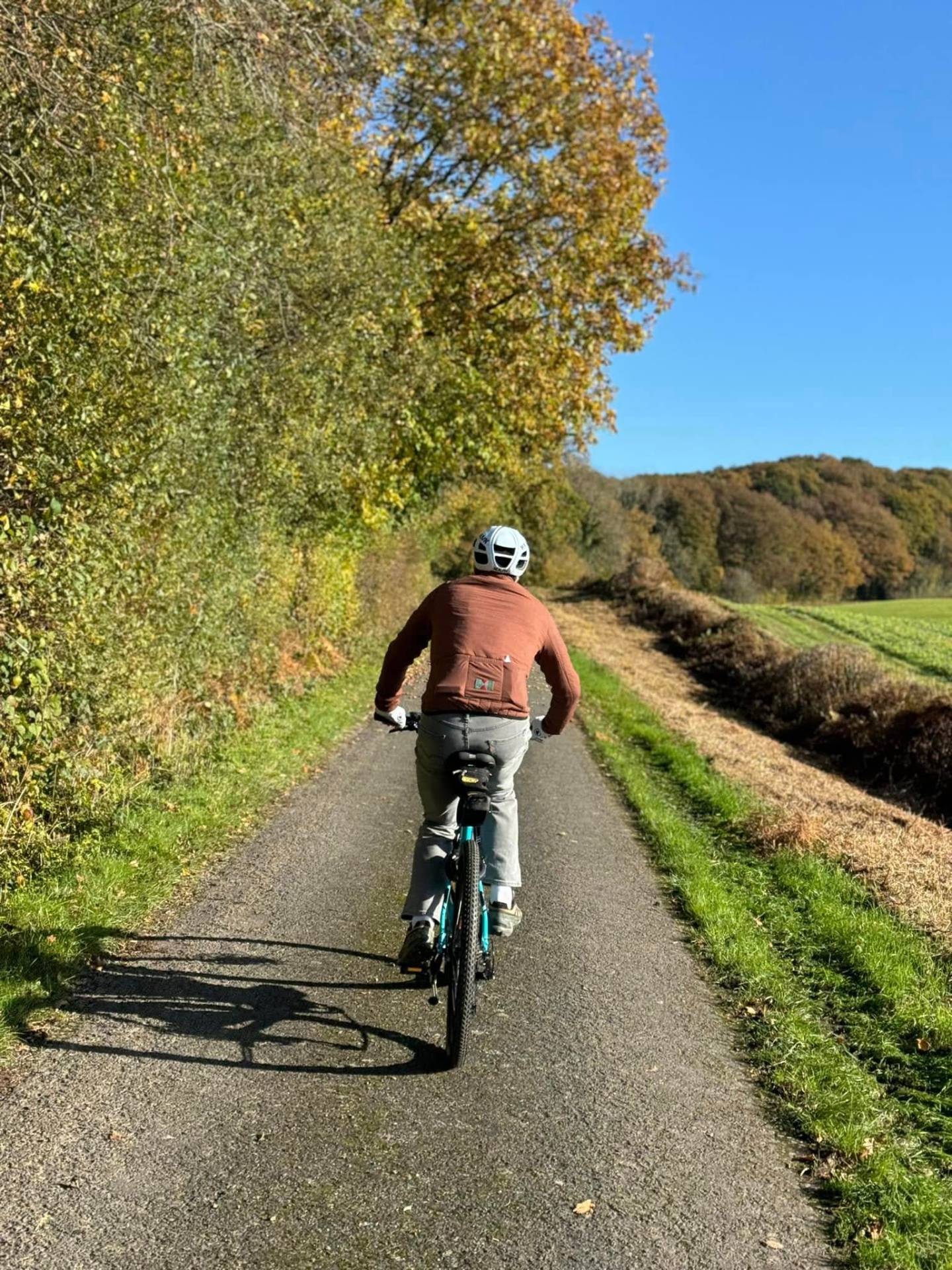 Cyclist on a quiet country lane lined with autumn trees