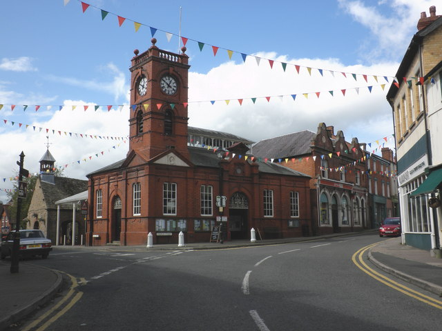 Kington Market House and clock tower with colourful bunting
